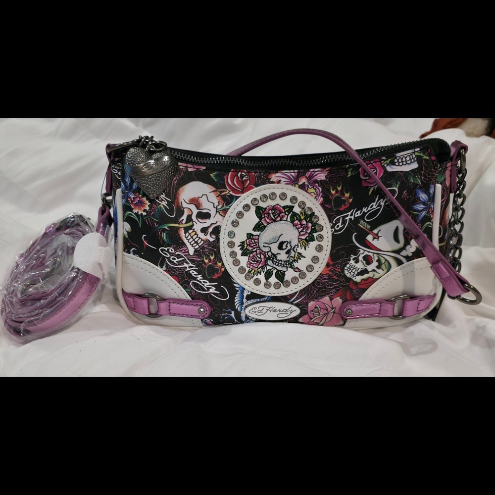 Ed‎ Hardy Tattoo Print Vegan Leather Shoulder Bag White Pink Skull EH2262-12-H13